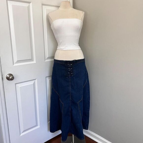 DARK WASH‎ ZOEY BETH DENIM FRONT TIE MAXI SKIRT - Picture 1 of 8